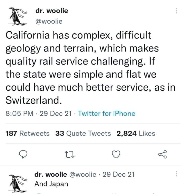 The meme is a Twitter post by Dr. Woolie (Dr. Woolie) that compares the state of California's geography and geological features to Switzerland's. The post reads: "California has complex, difficult geology and terrain, which makes quality rail service challenging. If the state were simple and flat, we could have better service, like in Switzerland."